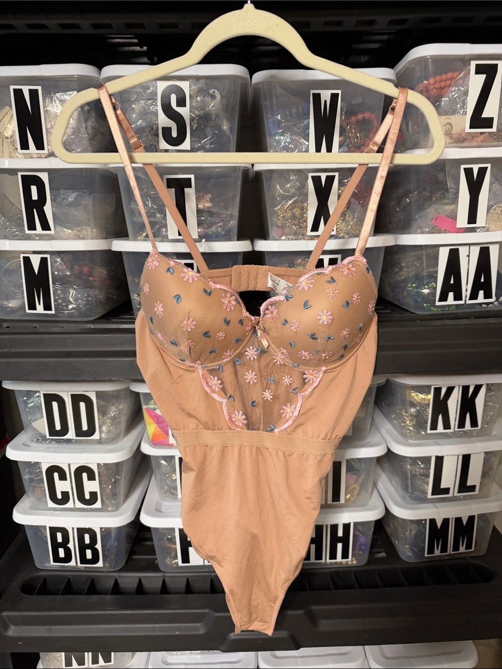 Wild Dream Floral Embroidered Nude Pink Bodysuit Medium